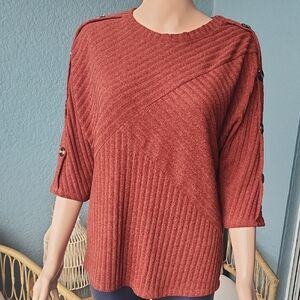 Rust Ribbed Button-Sleeve Knit Top - Women